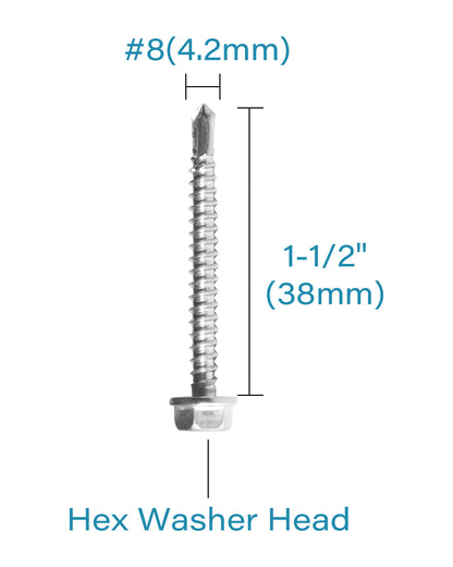 #8 x 1-1/2" Flanged Hex Washer Head Self Drilling Screws (100pcs), Stainless Steel 410 Fully Threaded Sheet Metal Tek Screw | by IMSCREWS