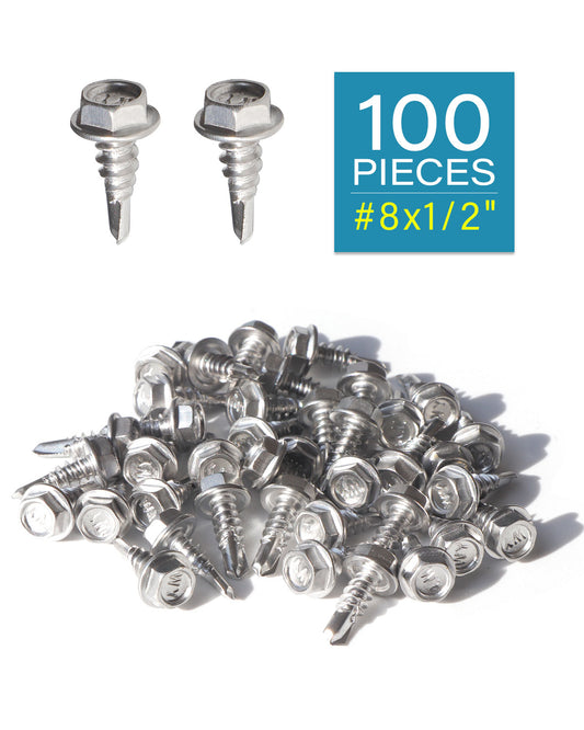 IMScrews 100pcs #8 x 1/2" Stainless Hex Washer Head Self Drilling Screws, 410 Stainless Steel Full Thread Sheet Metal Tek Screws