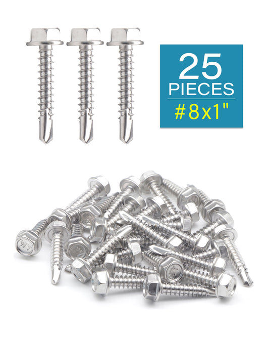 #8 x 1" Stainless Hex Washer Head Self Drilling Screws (25pcs), Stainless Steel 410 Fully Thread Sheet Metal Flanged Hex Tek Screws | by IMSCREWS