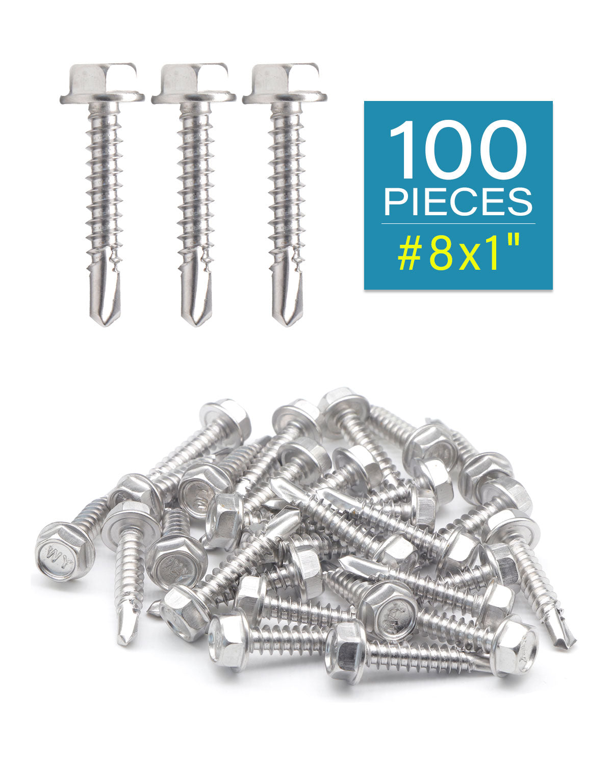 #8 x 1" Stainless Hex Washer Head Self Drilling Screws (100pcs) Stainless Steel 410 Fully Threaded Sheet Metal Tek Screw | by IMSCREWS