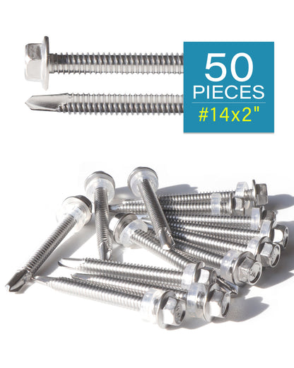 #14 x 2" Stainless Hex Washer Head Self Drilling Screws (50pcs), Fully Threaded Stainless Steel 410 Sheet Metal Flanged Hex Screw No Need Pre-Drilling | by IMSCREWS