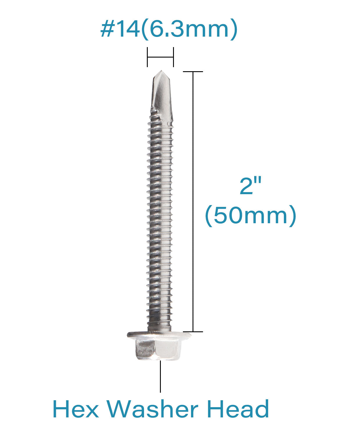 IMScrews 25pcs #14 x 2" Stainless Hex Washer Head Self Drilling Screws, 410 Stainless Steel Full Thread Sheet Metal Tek Screws