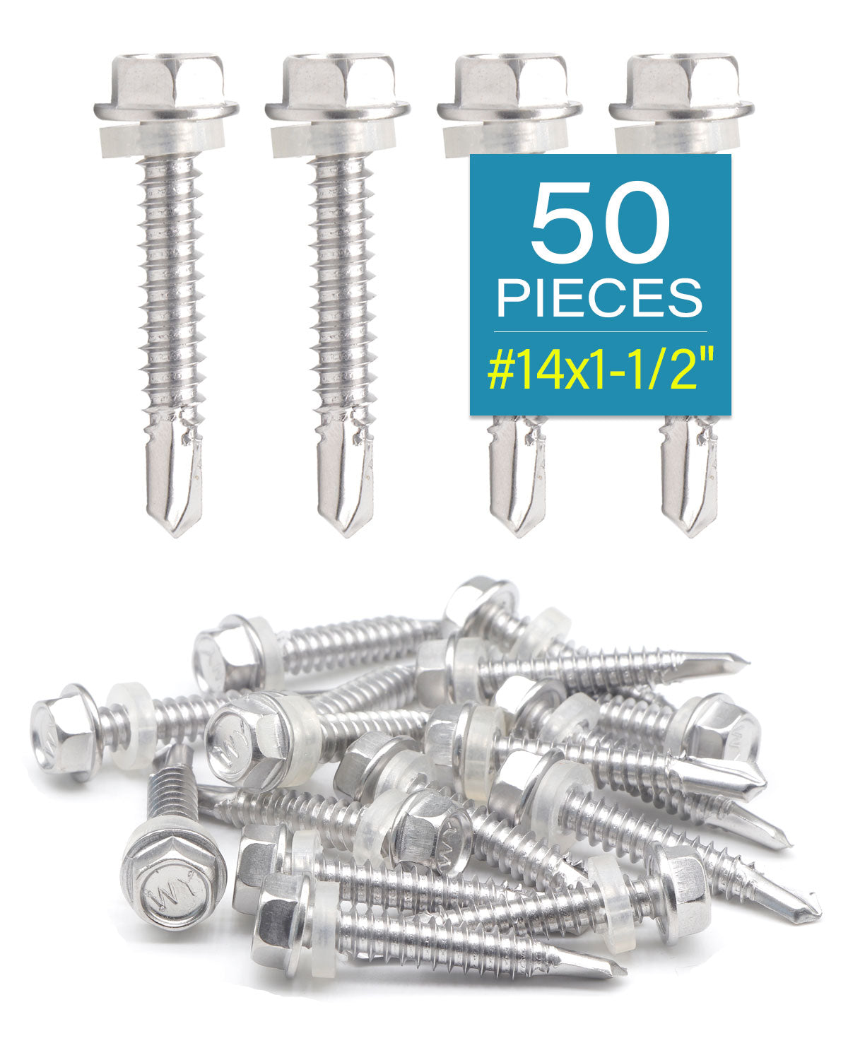 IMScrews 50pcs #14 x 1-1/2" Stainless Hex Washer Head Self Drilling Screws, 410 Stainless Steel Full Thread Sheet Metal Tek Screws