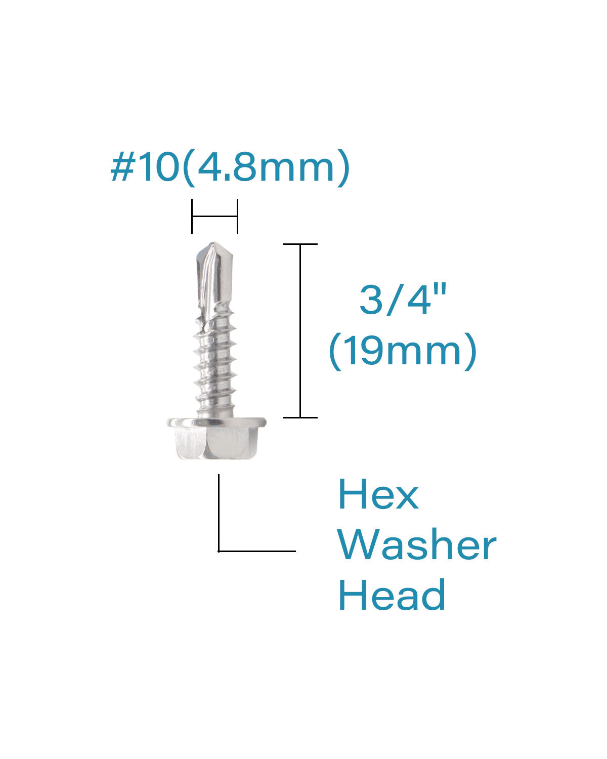 100pcs #10 x 3/4" Stainless Hex Washer Head Self Drilling Screws, Stainless Steel 410 Fully Threaded Sheet Metal Tek Screw | by IMSCREWS