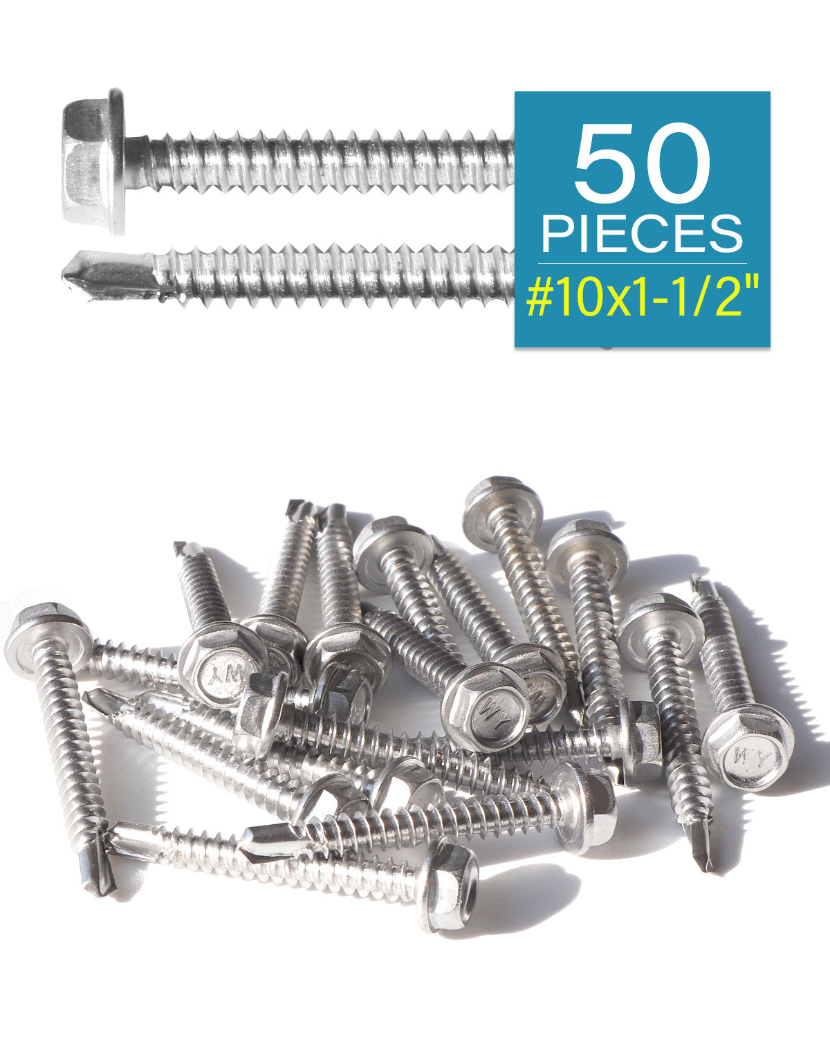 IMScrews 50 шт. # 10 x 1-1/2 дюйма самосверлящие винты с шестигранной головкой из нержавеющей стали, винты из нержавеющей стали 410 с полной резьбой для листового металла Tek