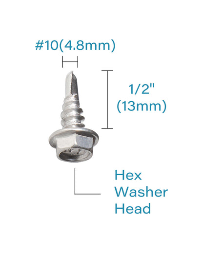 IMScrews 100 шт. # 10 x 1/2 дюйма, самосверлящие винты с шестигранной головкой и шайбой из нержавеющей стали, винты из нержавеющей стали 410 с полной резьбой для листового металла Tek