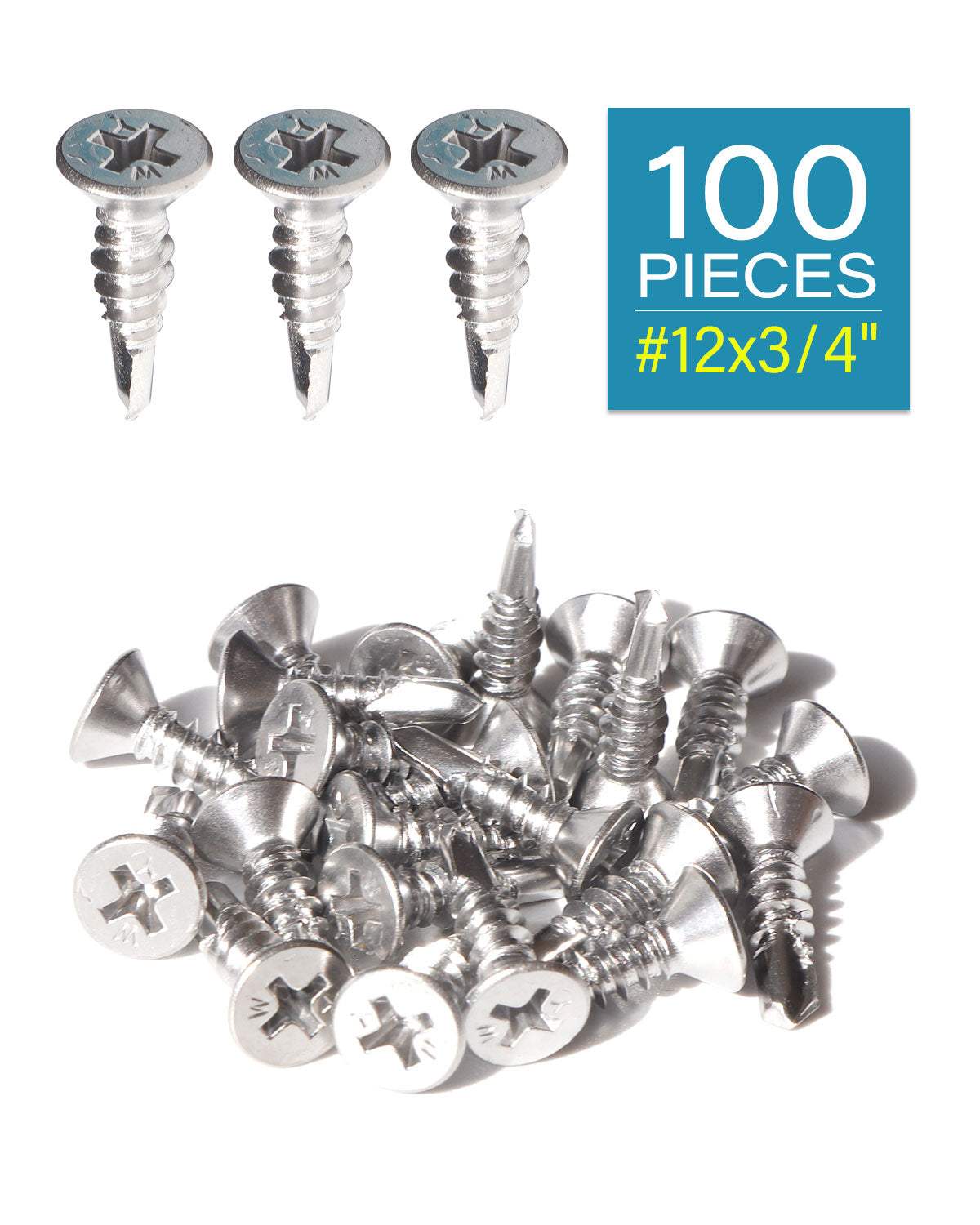#12 x 3/4" Stainless Flat Head Phillips Self Drilling Screws (100pcs), Stainless Steel 410 Fully Threaded Sheet Metal Tek Screw Wood to Metal | by IMSCREWS
