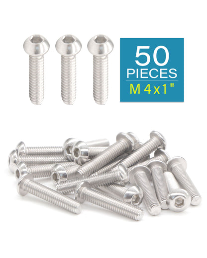 M4 x 1" Button Head Socket Cap Bolts Screws (50pcs) 18-8 Stainless Steel 304 Allen Hex Drive Fully Thread Machine Screw ISO7380 | by IMSCREWS