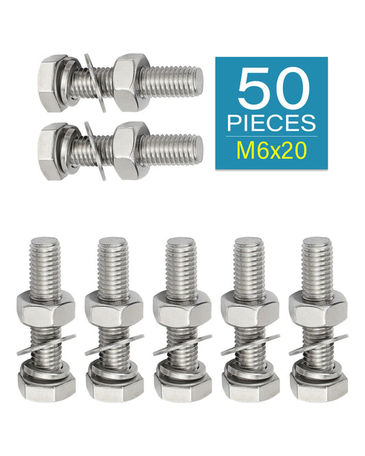 50Pcs M6 x 20mm Hex Bolt and Nut Screws Assortment with Washers Stainless Steel 304 Hexagon Head Screw Bolt Kit| by IMSCREWS