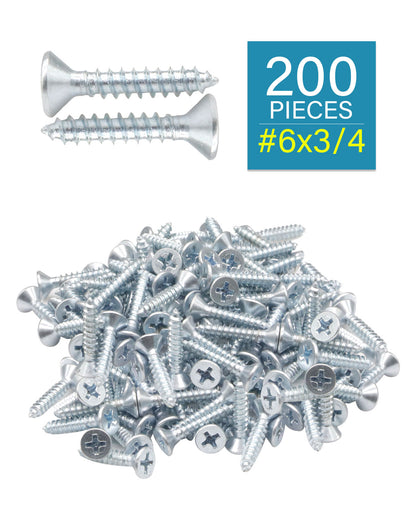 200pcs #6 x 3/4 inch Phillips Flat Head Wood Screws Assortment Kit, Carbon Steel 1022, Zinc