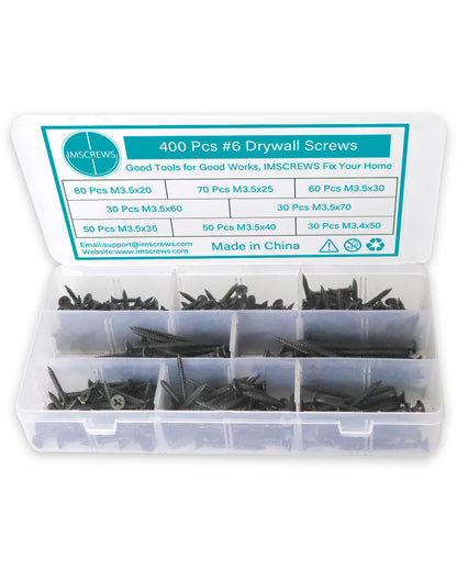 400PCS #6 Flat Head Drywall Screws Assortment Quality Carbon Steel Sharp Point Self Tapping Screws Set for Sheetrock, Wood, Furniture Cabinet | by IMSCREWS