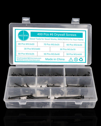 400PCS #6 Flat Head Drywall Screws Assortment Quality Carbon Steel Sharp Point Self Tapping Screws Set for Sheetrock, Wood, Furniture Cabinet | by IMSCREWS