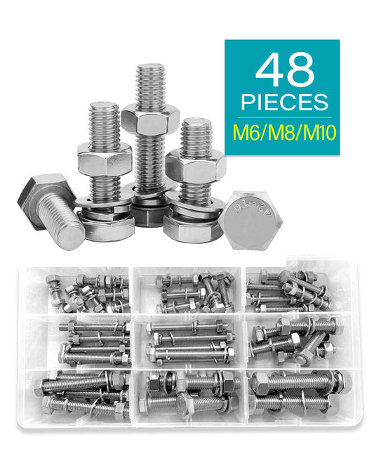 48pcs Hex Head Screws Bolts and Nuts Kit, M6 M8 M10 Metric Hexagon Stainless Steel 304 Bolts Screws Nuts Washers Assortment Kit 9 Common Sizes | by IMSCREWS