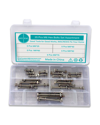25pcs M6 Hex Head Screws Bolts and Nuts Kit, Metric Hexagon Stainless Steel 304 Bolts Screws Nuts Washers Assortment Kit | by IMSCREWS
