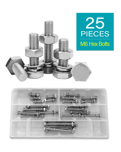 25pcs M6 Hex Head Screws Bolts and Nuts Kit, Metric Hexagon Stainless Steel 304 Bolts Screws Nuts Washers Assortment Kit | by IMSCREWS