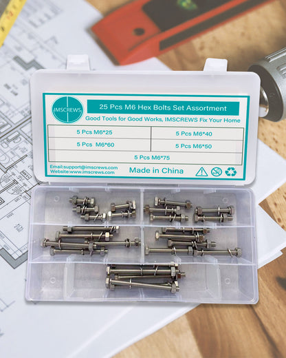 25pcs M6 Hex Head Screws Bolts and Nuts Kit, Metric Hexagon Stainless Steel 304 Bolts Screws Nuts Washers Assortment Kit | by IMSCREWS