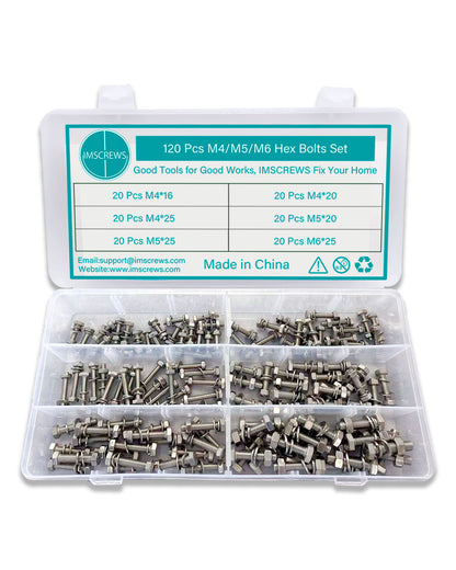 120pcs Hex Head Screws Bolts and Nuts Kit, M4 M5 M6 Metric Hexagon Stainless Steel 304 Bolts Screws Nuts Washers Assortment Kit 6 Common Sizes | by IMSCREWS