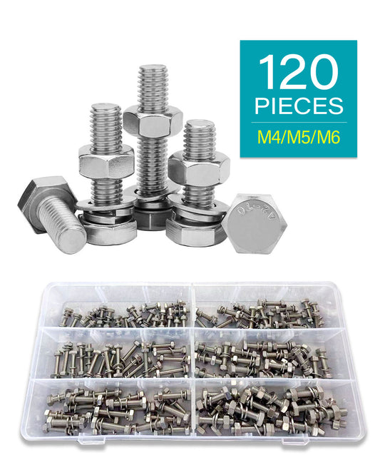 120pcs Hex Head Screws Bolts and Nuts Kit, M4 M5 M6 Metric Hexagon Stainless Steel 304 Bolts Screws Nuts Washers Assortment Kit 6 Common Sizes | by IMSCREWS