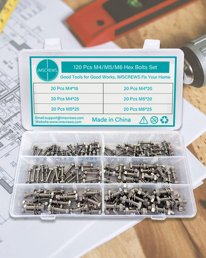 120pcs Hex Head Screws Bolts and Nuts Kit, M4 M5 M6 Metric Hexagon Stainless Steel 304 Bolts Screws Nuts Washers Assortment Kit 6 Common Sizes | by IMSCREWS