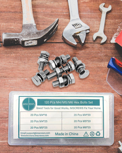 120pcs Hex Head Screws Bolts and Nuts Kit, M4 M5 M6 Metric Hexagon Stainless Steel 304 Bolts Screws Nuts Washers Assortment Kit 6 Common Sizes | by IMSCREWS