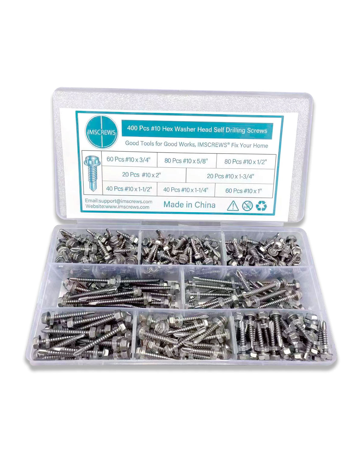 #10 Self Drilling Screw Assortment, Self Tapping Sheet Metal Tek Screws 400pcs, Hex Washer Head Length 1/2" to 2" Stainless Steel 410 Fully Threaded Assorted Flanged Hex Screw by IMSCREWS