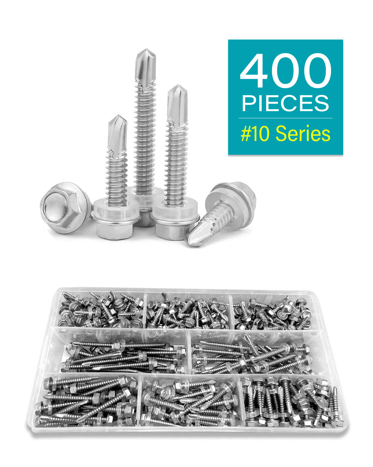 #10 Self Drilling Screw Assortment, Self Tapping Sheet Metal Tek Screws 400pcs, Hex Washer Head Length 1/2" to 2" Stainless Steel 410 Fully Threaded Assorted Flanged Hex Screw by IMSCREWS