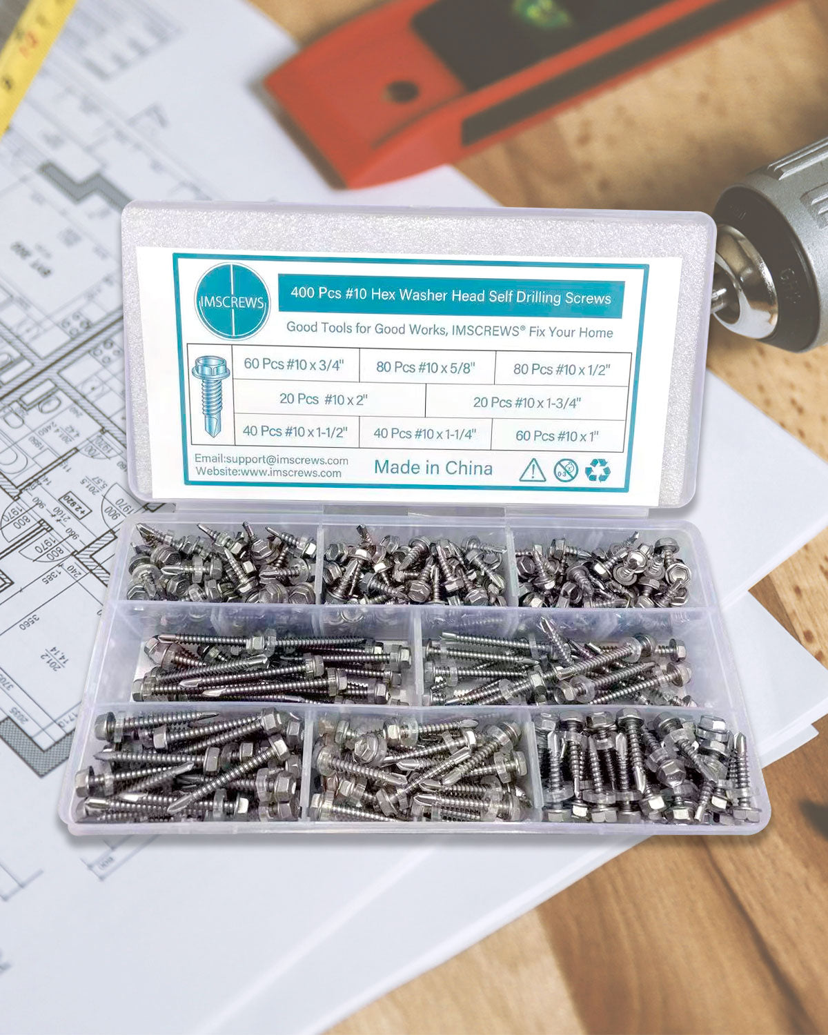 #10 Self Drilling Screw Assortment, Self Tapping Sheet Metal Tek Screws 400pcs, Hex Washer Head Length 1/2" to 2" Stainless Steel 410 Fully Threaded Assorted Flanged Hex Screw by IMSCREWS
