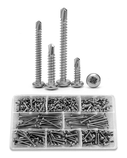 Self Tapping Sheet Metal Screws, 10 Wood to Metal Screw Assortment, Phillips Pan Head Self Drilling Screws Set, 1/2",5/8",3/4",1",1-1/4",1-1/2",1-3/4",2" - 410 Stainless Steel, 400 Pieces by IMSCREWS