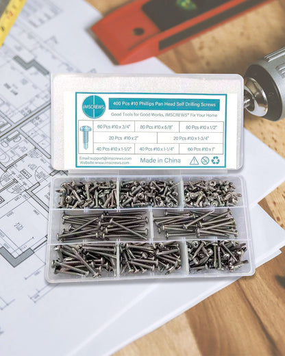 Self Tapping Sheet Metal Screws, 10 Wood to Metal Screw Assortment, Phillips Pan Head Self Drilling Screws Set, 1/2",5/8",3/4",1",1-1/4",1-1/2",1-3/4",2" - 410 Stainless Steel, 400 Pieces by IMSCREWS